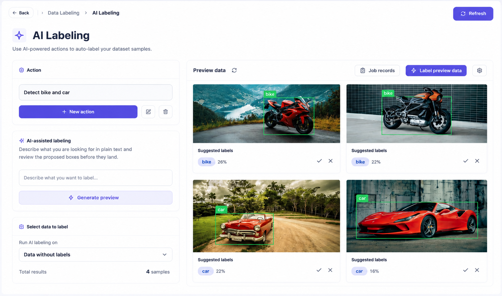 The AI Labeling screen: a plain-text action reading “Detect bike and car”, and a preview grid of four images with suggested bounding boxes labelled bike or car, each with its confidence and accept or reject controls.