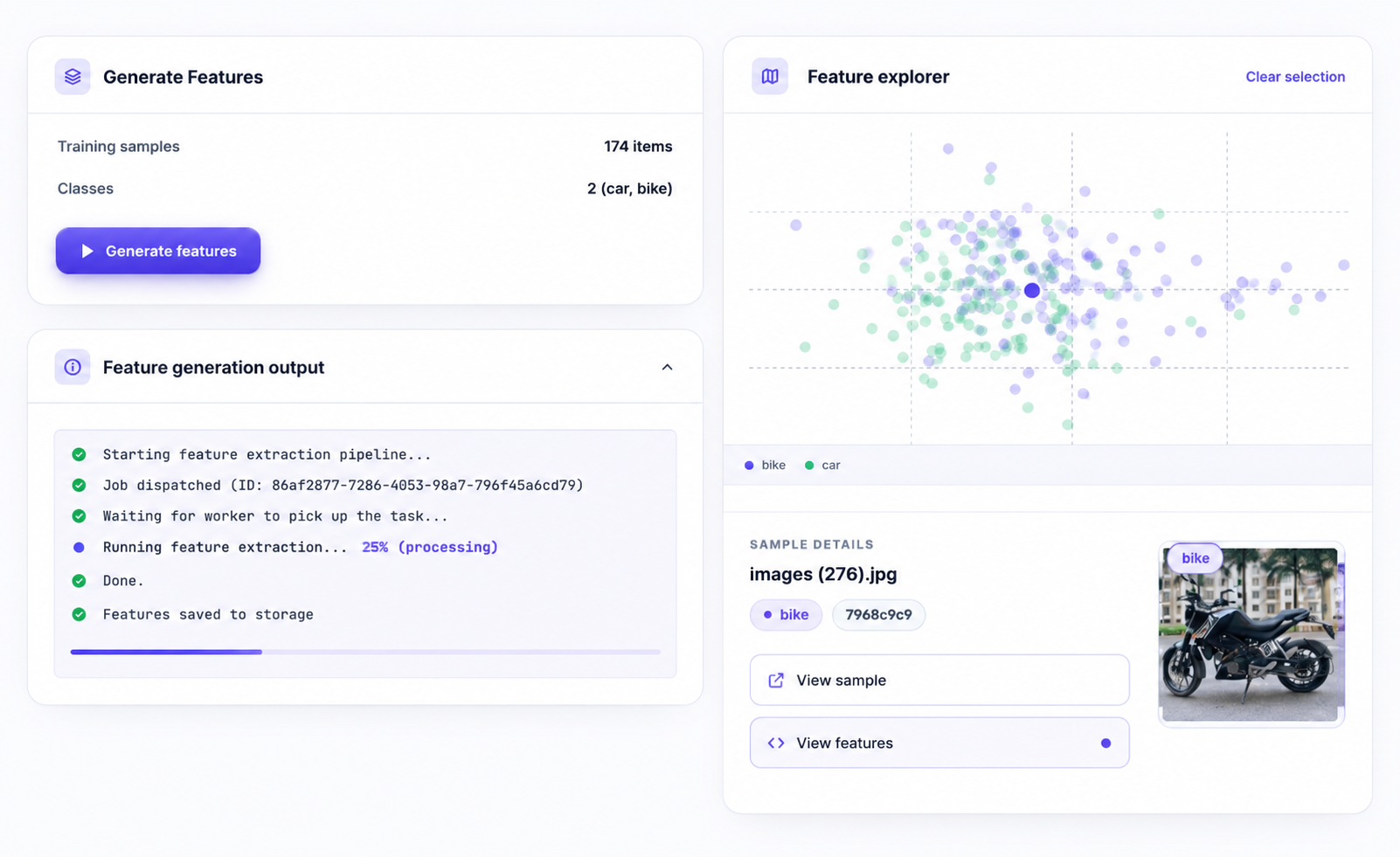 The feature generation screen with the processed dataset plotted as a feature explorer scatter.