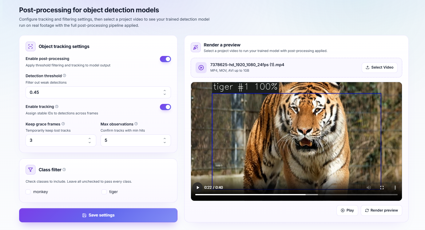 The post-processing screen with confidence threshold, class filter and NMS controls over a preview of the filtered detections.